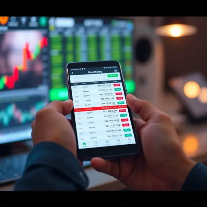 Illustration of a mobile device displaying a demo trading platform with simulated stock transactions