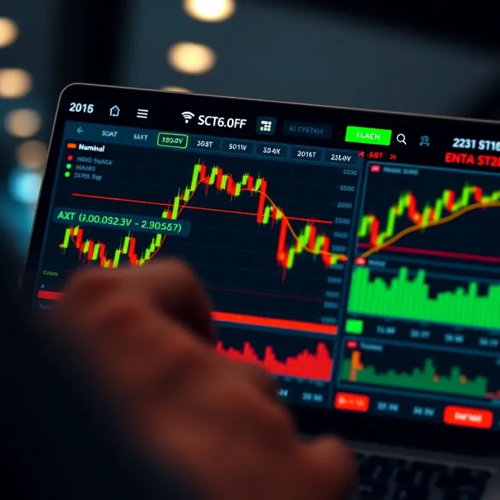 User interface of a demo trading app showing virtual stock market charts and portfolio details