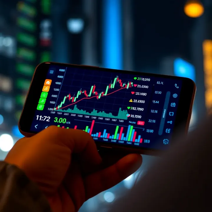 Smartphone screen displaying forex trading app interface with real-time currency charts and analytics