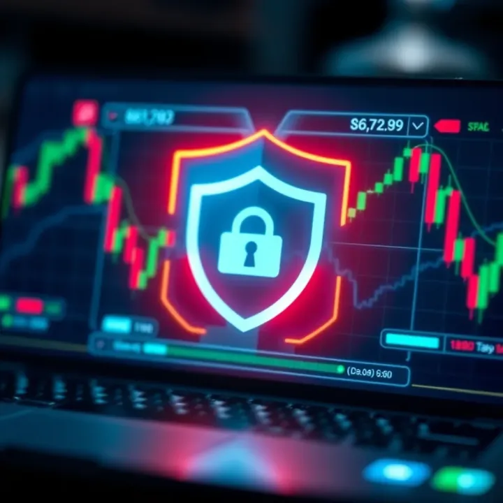 Illustration of secure online trading with digital shield icon symbolizing protection of investments
