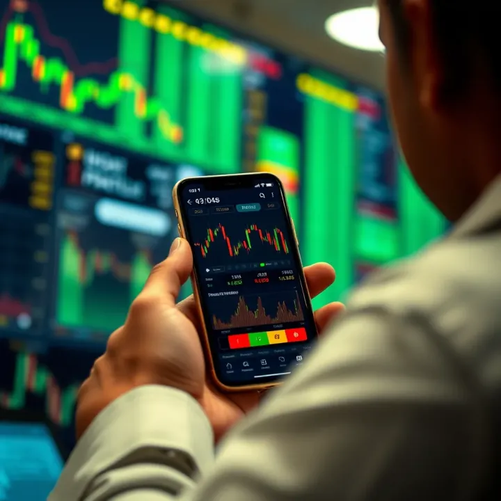 Mobile device displaying stock market charts and trading options