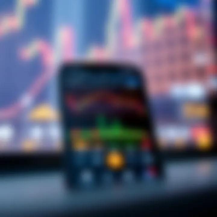 Mobile phone displaying a cryptocurrency trading app interface with charts and market data