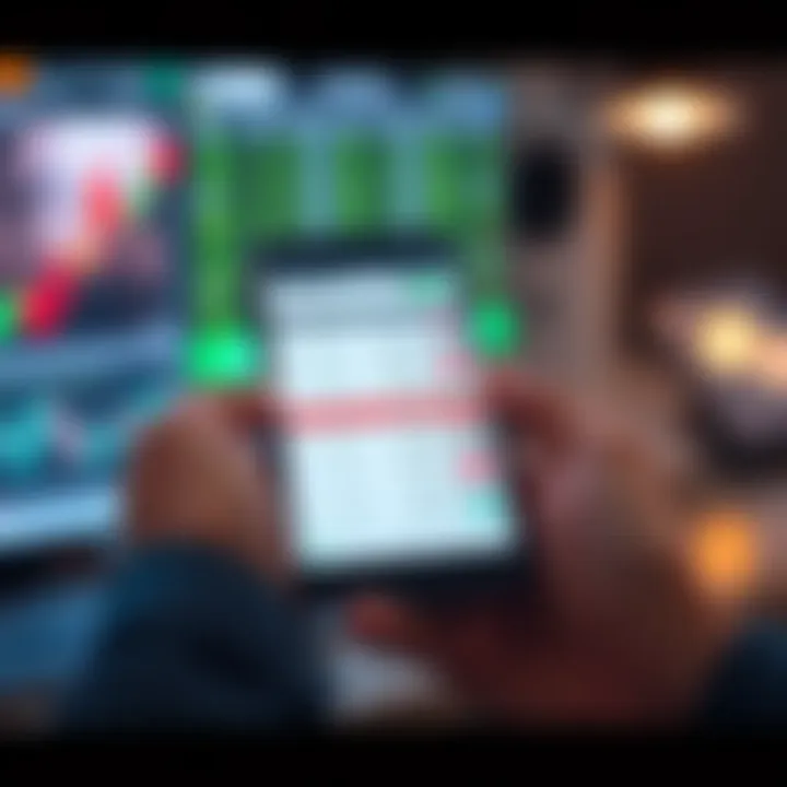 Illustration of a mobile device displaying a demo trading platform with simulated stock transactions