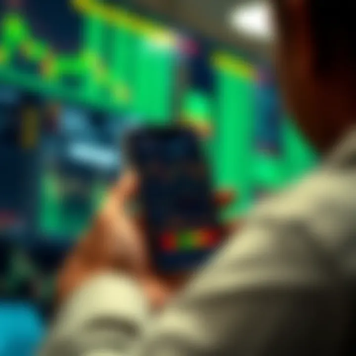 Mobile device displaying stock market charts and trading options