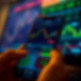Mobile screen displaying various stock market charts and trading options