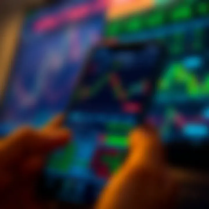 Mobile screen displaying various stock market charts and trading options