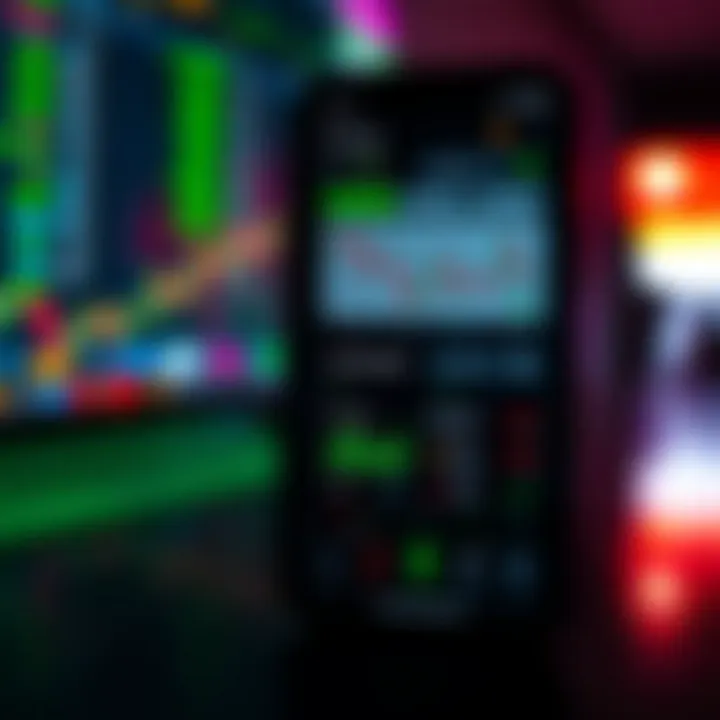 Mobile phone screen displaying a user-friendly interface of an Indian stock trading application with various market charts and buy-sell options