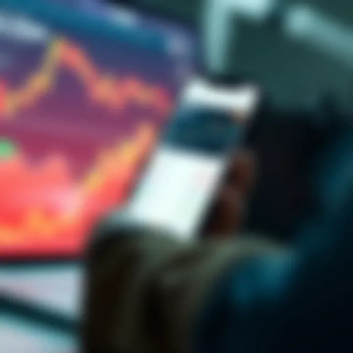 Mobile phone displaying an online trading app interface with charts and stock data