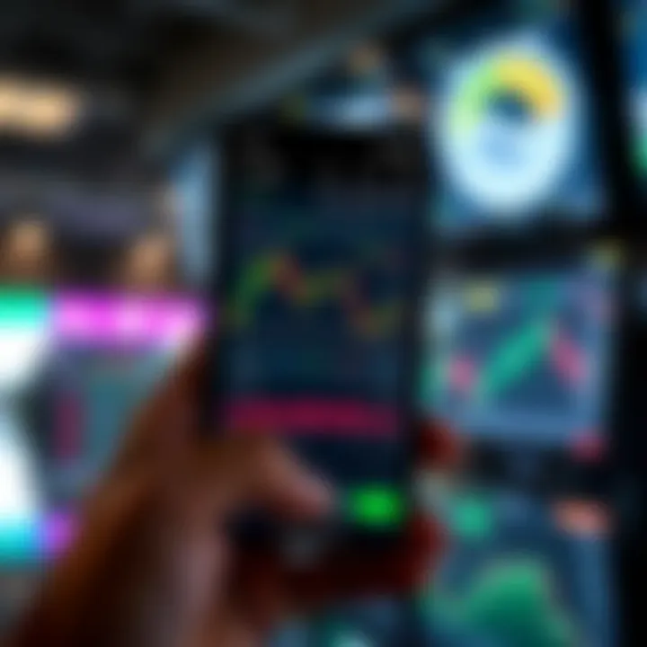 User interface of a mobile trading application displaying stock charts and market data