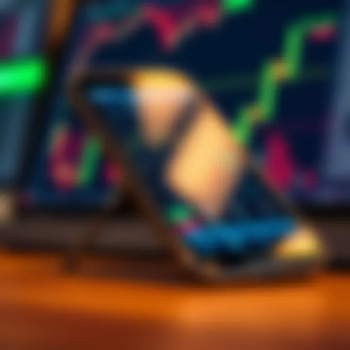 Mobile phone displaying trading app interface with stock charts and market analysis