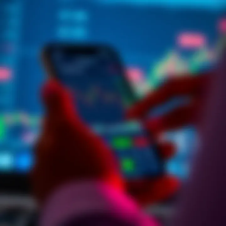 User exploring trading app interface with charts and market data on smartphone screen