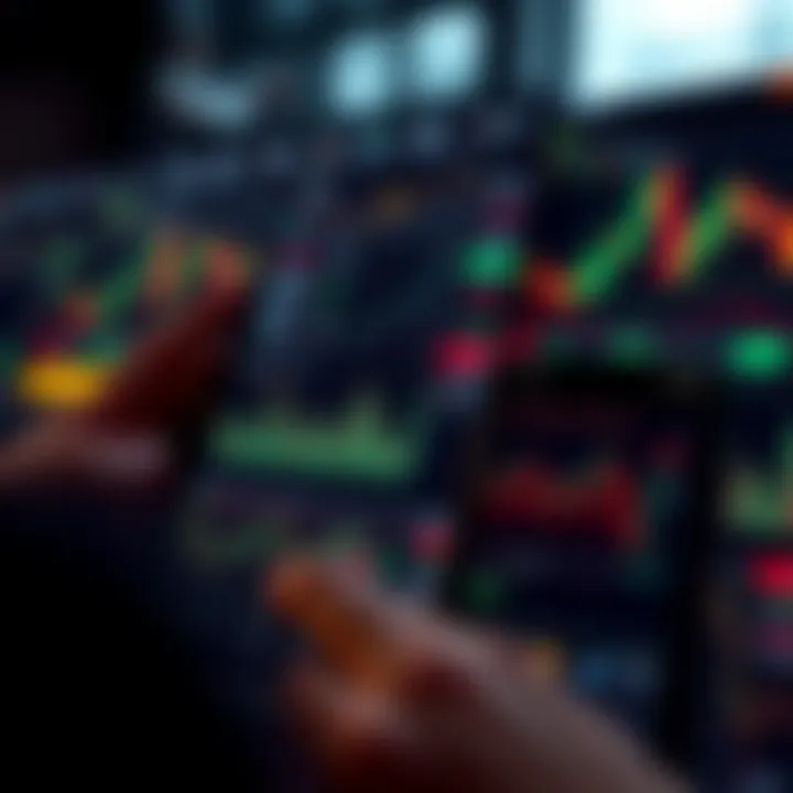 A mobile device displaying a trading app interface with various stock market charts and graphs