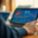 Illustration of a digital device with trading graphs and icons representing learning tools and risk-free practice