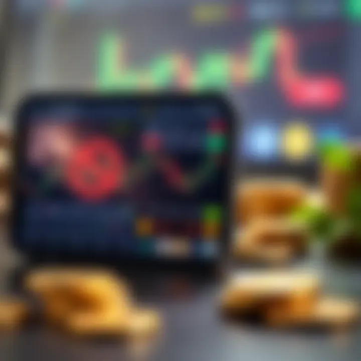 Smartphone showing a trading app interface with charts and virtual coins indicating no real money involved