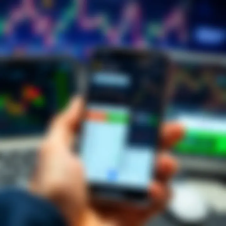 Smartphone displaying various trading app interfaces with charts and investment options