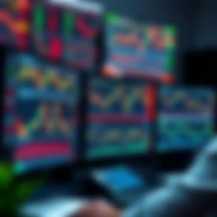 Desktop setup showing multiple monitors with forex trading platforms and graphs