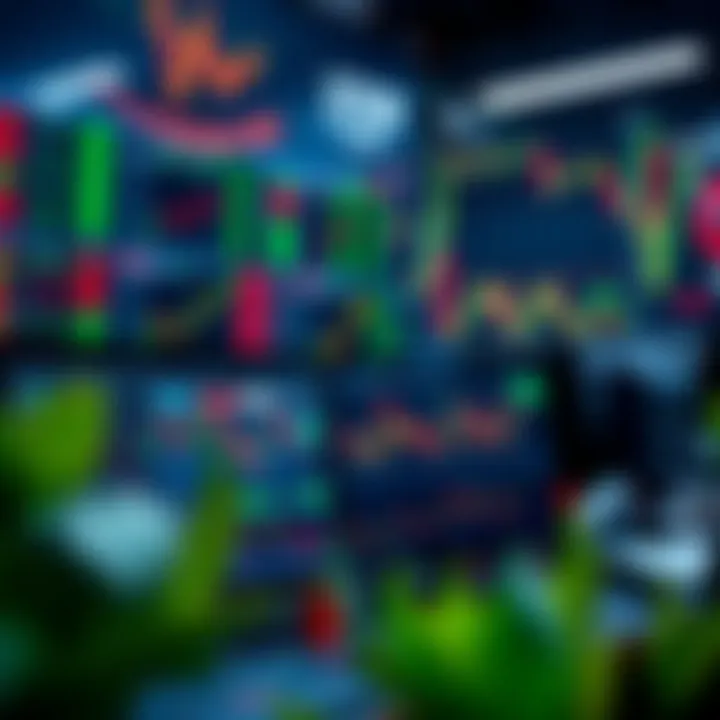 Financial trading workstation with multiple monitors displaying market data and technical indicators