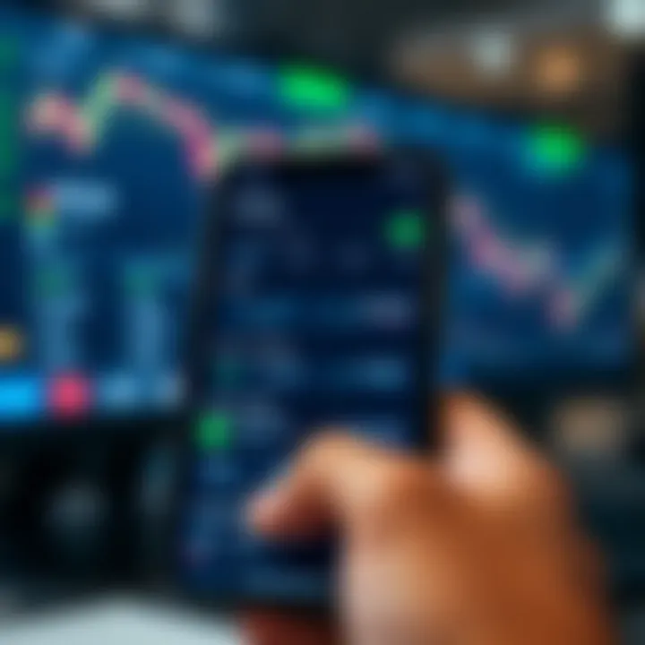 Mobile device displaying a trading app interface with investment options and charts