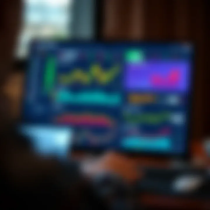 Illustration of a digital dashboard displaying virtual trading portfolio and analytics