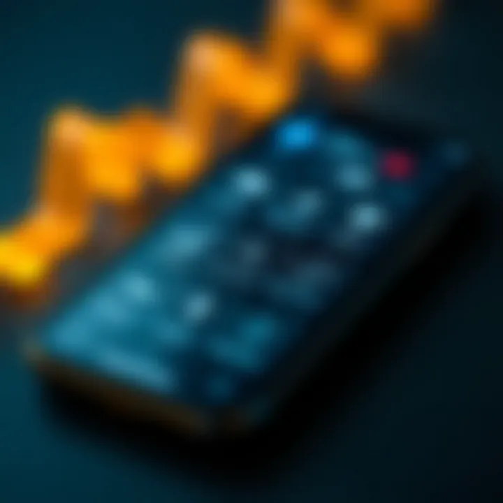 Smartphone showing key features of an oil trading app with icons for analytics, security, and real-time updates