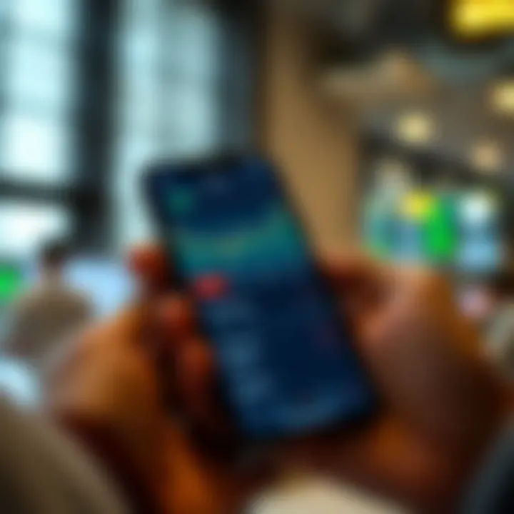 Mobile phone displaying a trading app interface with stock charts and investment options
