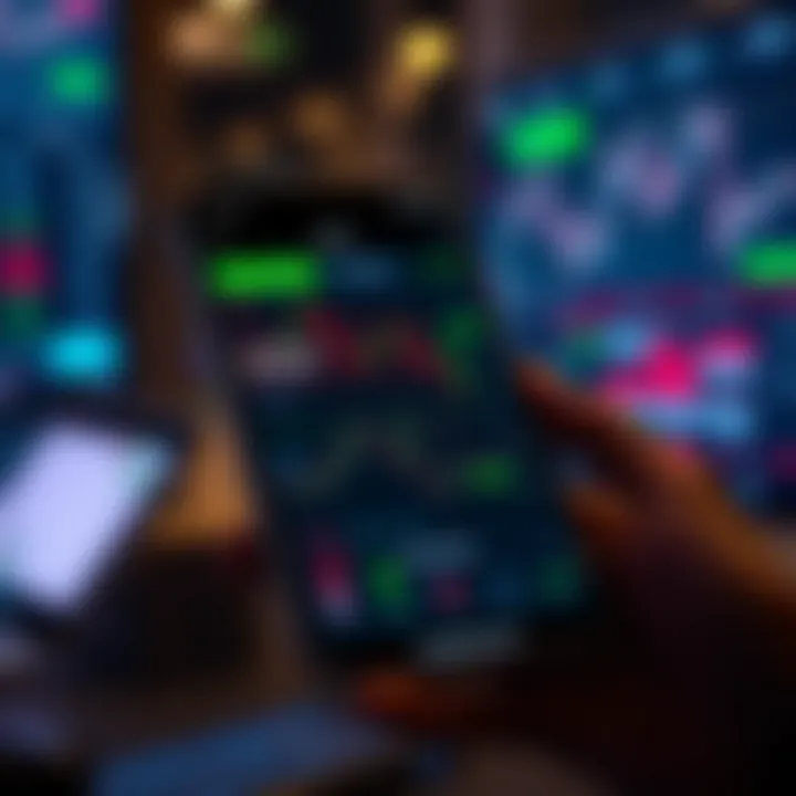 Mobile device displaying a live paper trading app with market charts and trading options