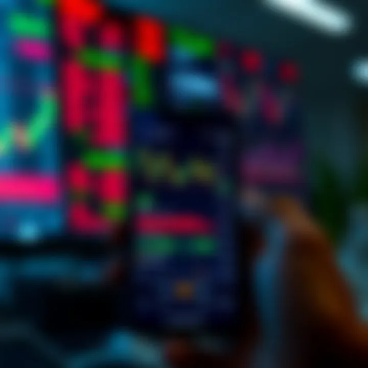 Mobile device displaying a market trading app interface with stock charts and market indicators