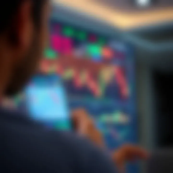 User interacting with a mobile trading app displaying stock charts and market data