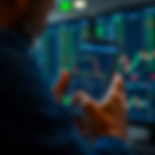 User interacting with a mobile stock trading app displaying charts and trading options