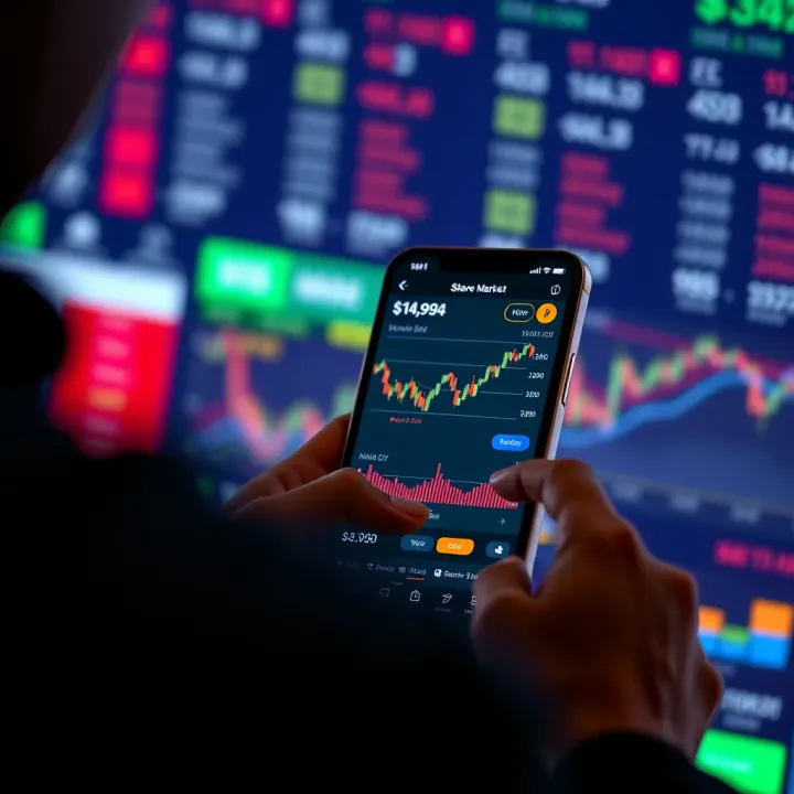 Interface of an Online Share Trading App Showing Stock Market Trends User interacting with a mobile app displaying Indian stock market data and trading charts