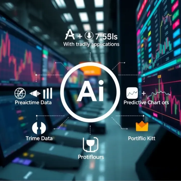 Illustration of various AI trading app features like real-time data, predictive charts, and portfolio management tools