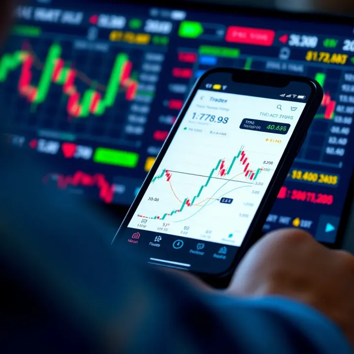 Mobile device displaying a forex trading app interface with charts and currency pairs