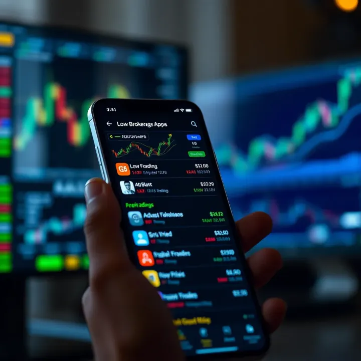 Mobile phone displaying various low brokerage trading app options with financial charts
