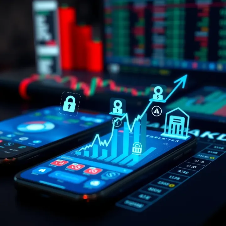 Secure Trading Application with Financial Growth and Risk Management Illustration of a secure mobile trading application with financial growth graphs and risk management icons