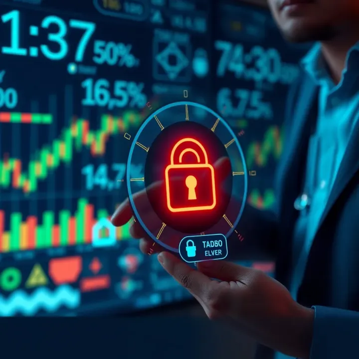 Secure digital transaction with encryption graphics representing safety in online trading