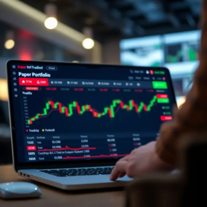 Dashboard of a paper trading platform illustrating virtual stock portfolio performance and trading options