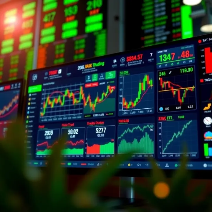 A digital dashboard displaying various stock market charts and indicators for simulated trading