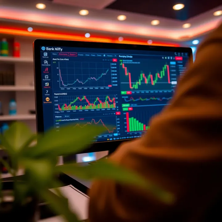 Bank Nifty Trading App Interface Featuring Analytical Tools User interface of a Bank Nifty trading app showing various charts and analytical tools on screen