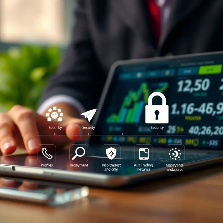 Comparison of features and security icons representing trading app evaluation criteria