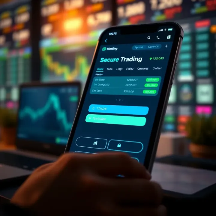 Secure Trading App Login and Financial Data Display Mobile device showing secure login for a trading app with financial data and options