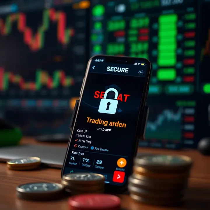 Secure mobile trading app interface displaying stock market data and security features