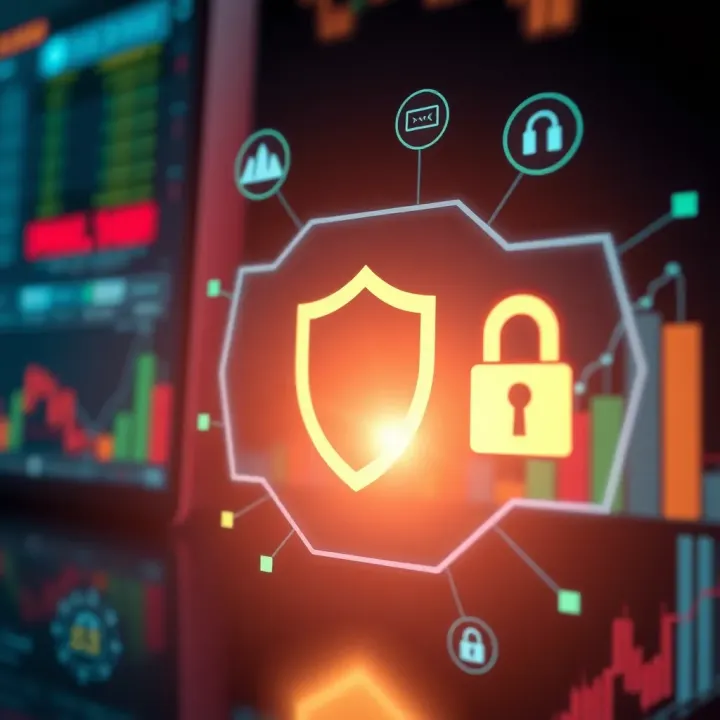 Illustration of digital security with shield and lock icons representing safe trading