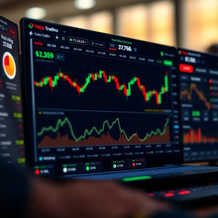 User interface of a mock trading app displaying stock charts and virtual portfolio statistics