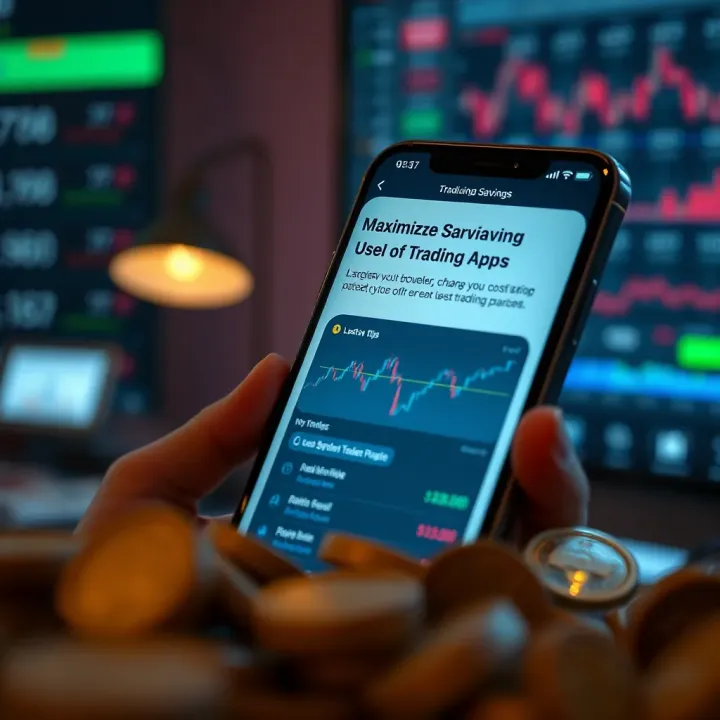Illustration of a mobile phone displaying a trading app interface with cost-saving tips