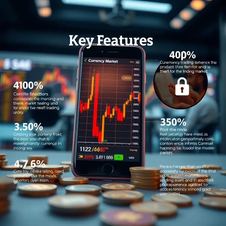 Graphical representation of currency market trends and app features including fees and security