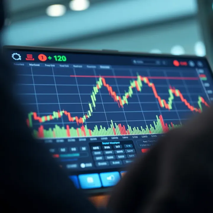 Graph showing simulated stock market performance on a digital trading platform interface