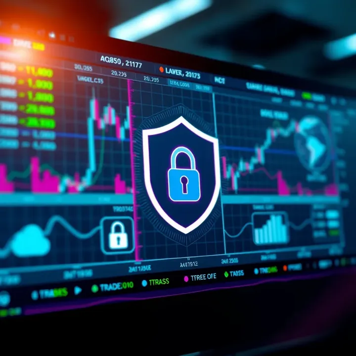 Secure Digital Trading Environment Highlighting Data Protection Illustration of secure digital trading environment with data protection symbols