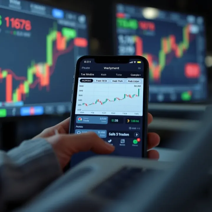 Mobile device displaying a no investment trading app interface with charts and trading options