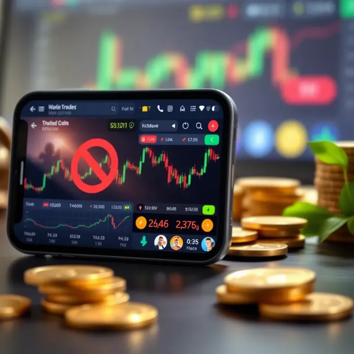 Smartphone showing a trading app interface with charts and virtual coins indicating no real money involved