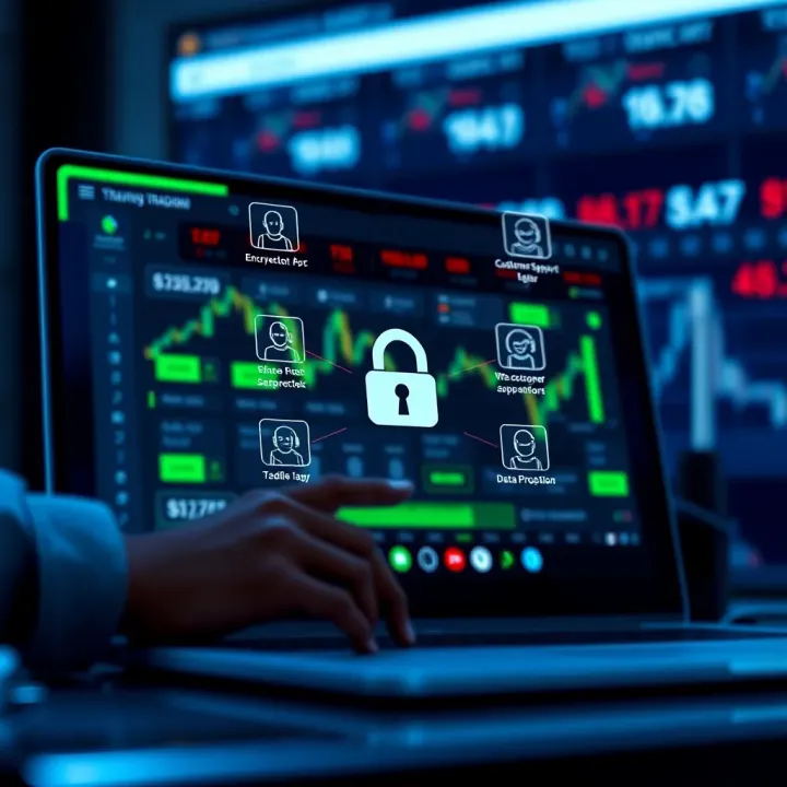 Secure online trading platform with encryption and customer support icons